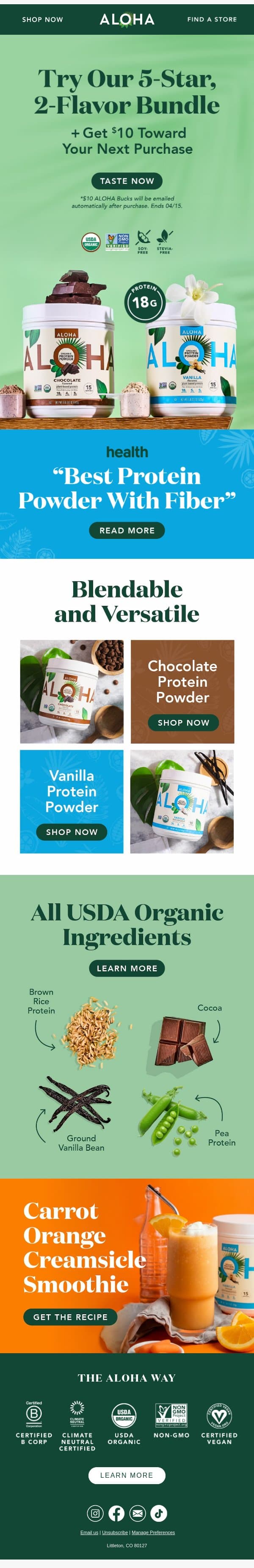 USDA Organic Protein Powders 👏 email from Aloha screenshot