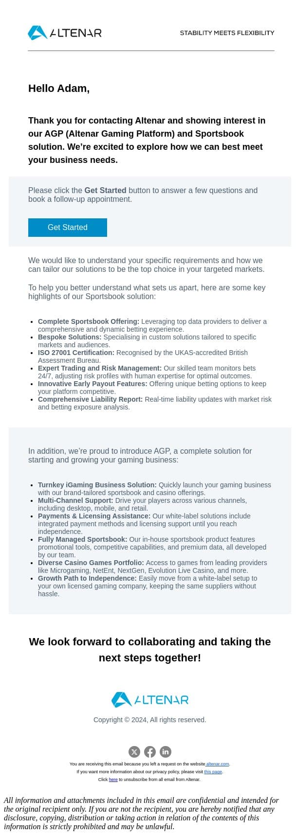 Altenar Gaming Platform & Sportsbook email from Altenar screenshot