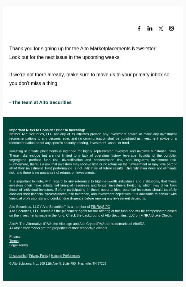 Thanks for signing up! email from AltoIRA screenshot