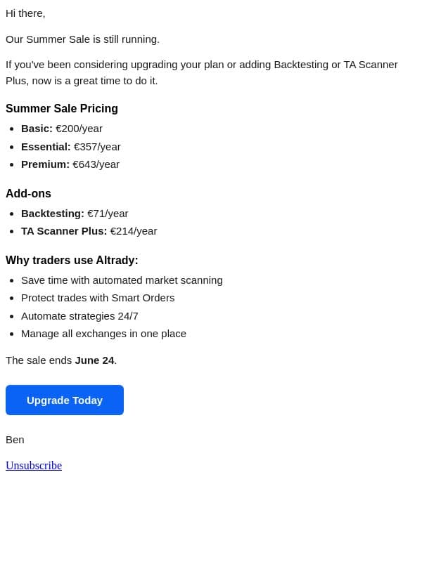 Your Summer Sale Discount Is Still Available email from Altrady screenshot