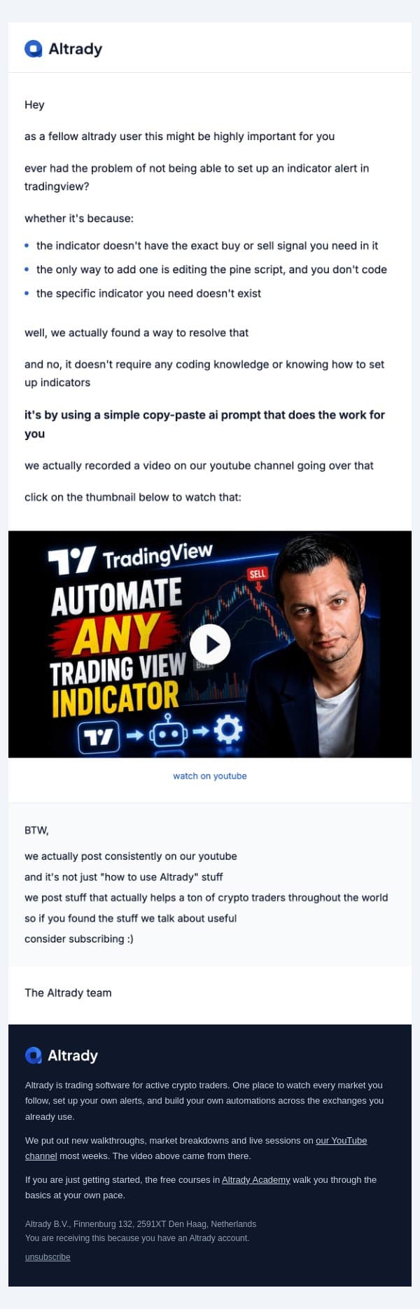 how to automate any tradingview indicator email from Altrady screenshot