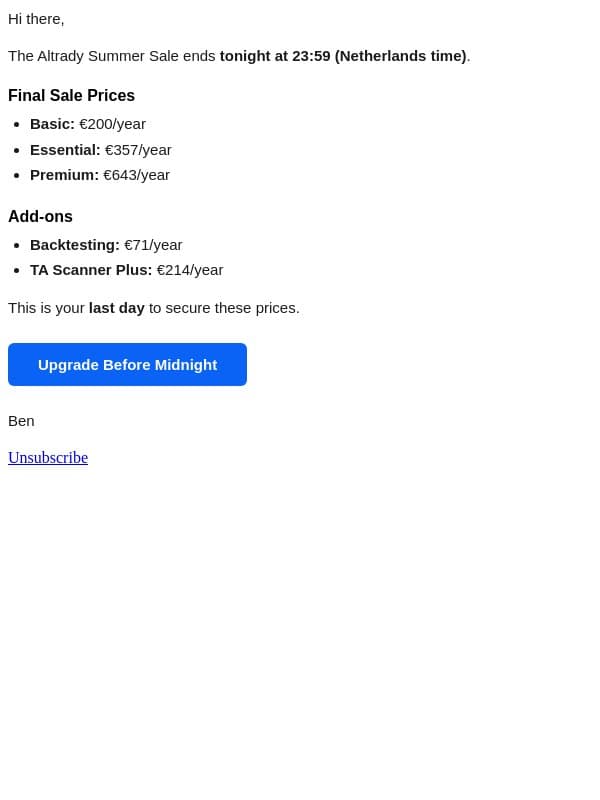 Summer Sale Ends Tonight email from Altrady screenshot