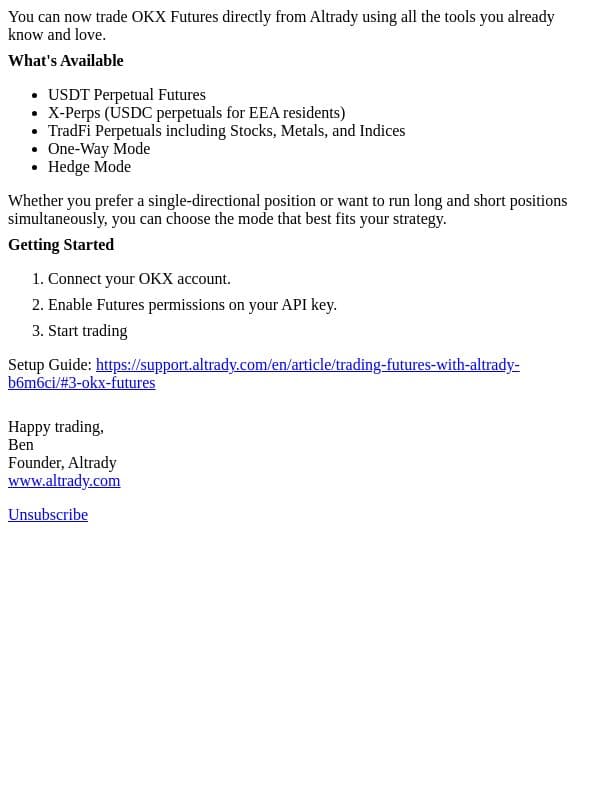 OKX Futures Is Now Live on Altrady email from Altrady screenshot