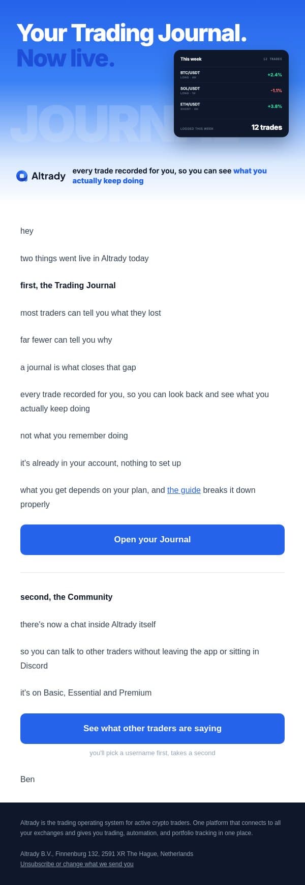 altrady now has a trading journal email from Altrady screenshot