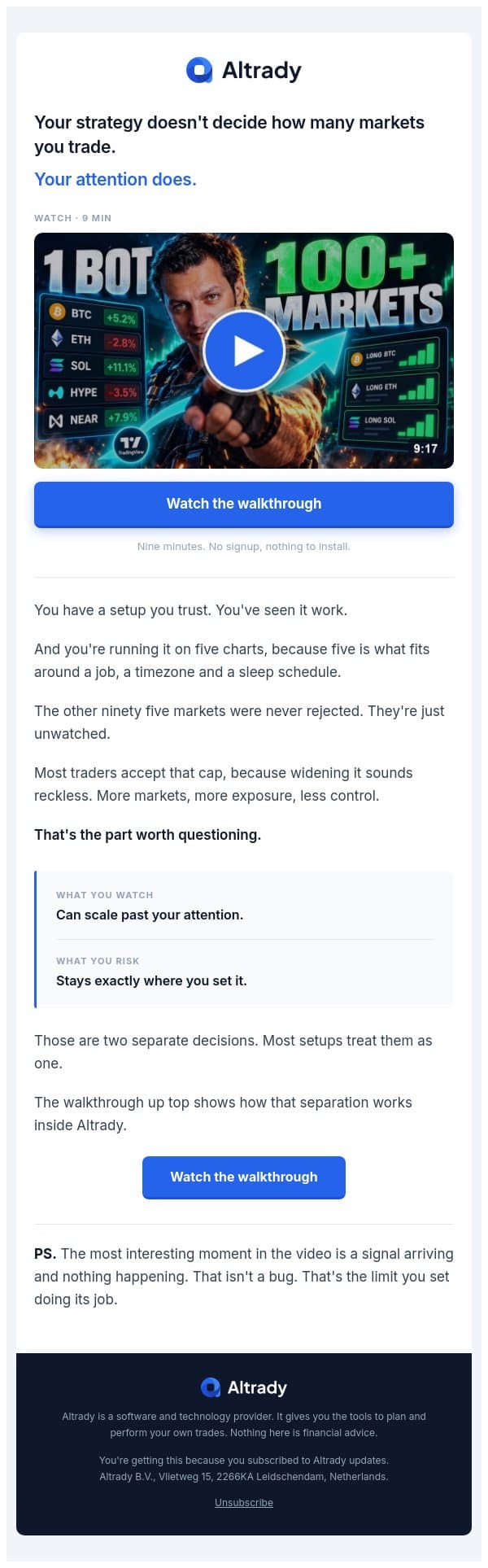 Watching 100 markets doesn't mean risking more email from Altrady screenshot