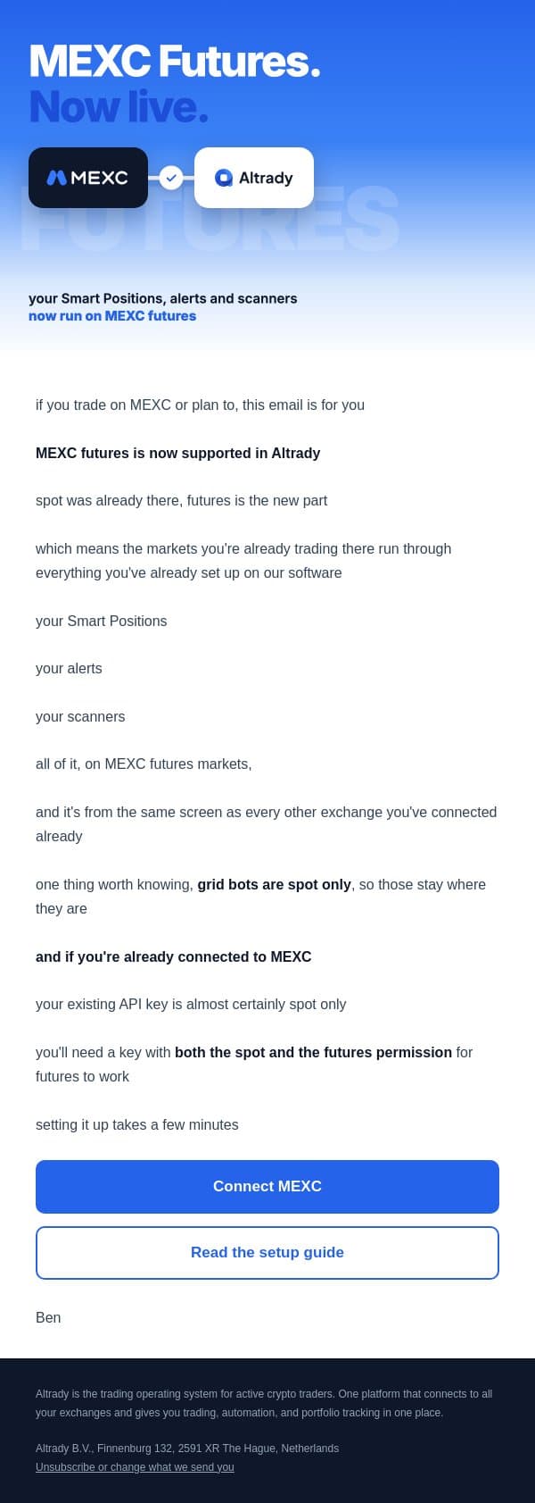 mexc futures is now live in altrady email from Altrady screenshot