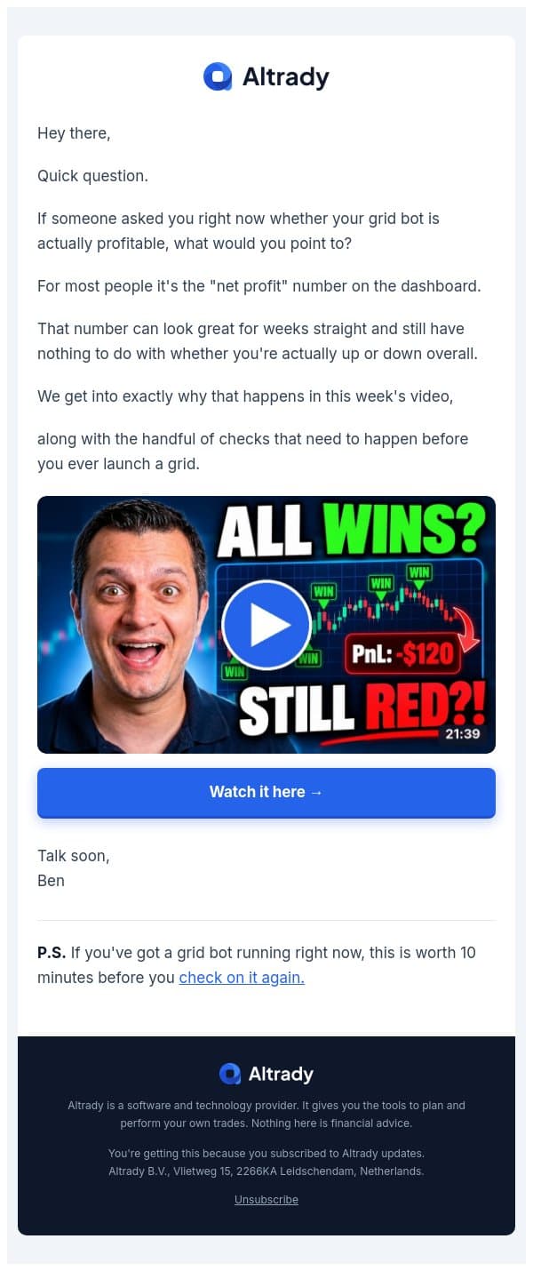 is your grid bot actually profitable? email from Altrady screenshot