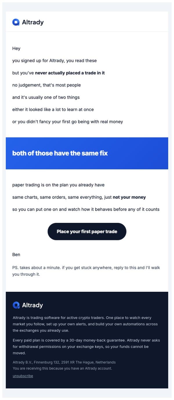 you've never placed a trade in altrady email from Altrady screenshot