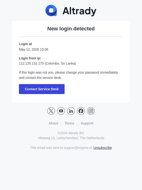New Login detected from 112.135.131.175 (Colombo, Sri Lanka) email from Altrady screenshot