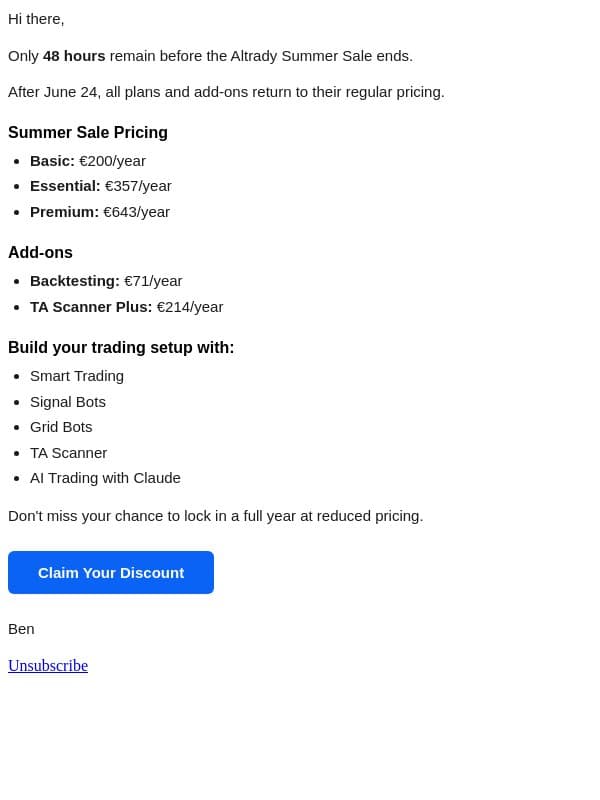 48 Hours Left email from Altrady screenshot