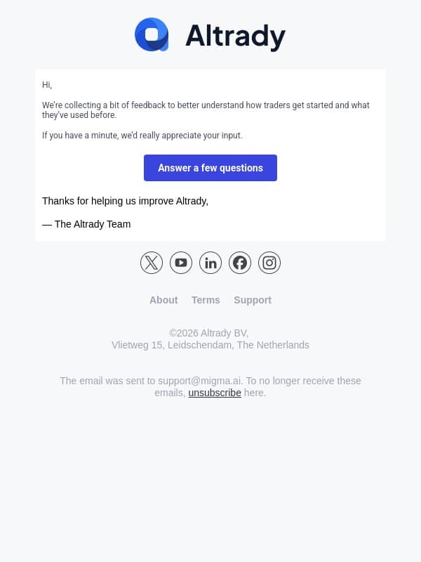 Quick question about your trading experience email from Altrady screenshot
