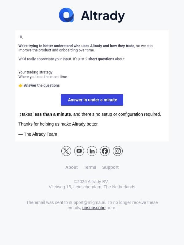 Quick question about how you trade email from Altrady screenshot