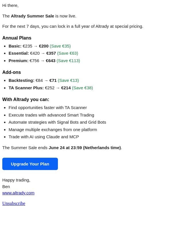 Summer Sale Starts Now email from Altrady screenshot