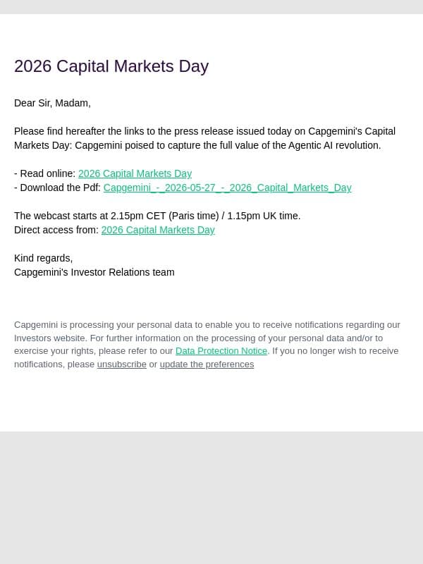 Capgemini SE: 2026 Capital Markets Day email from Altran screenshot