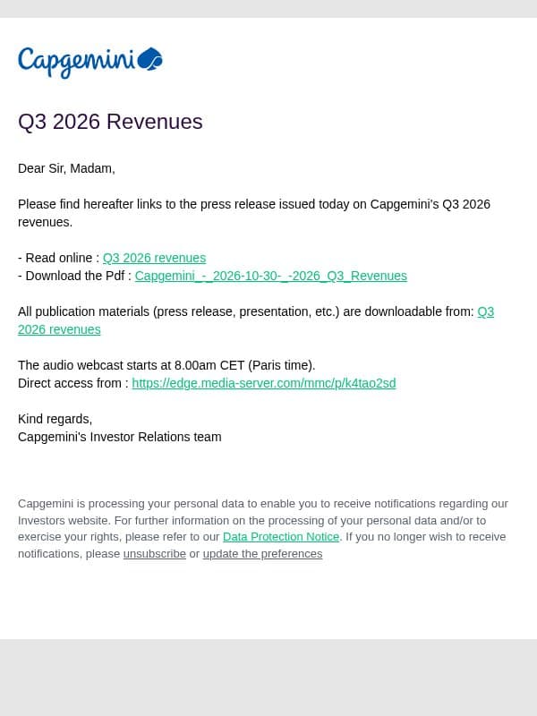 Capgemini SE : Q3 2026 Revenues email from Altran screenshot