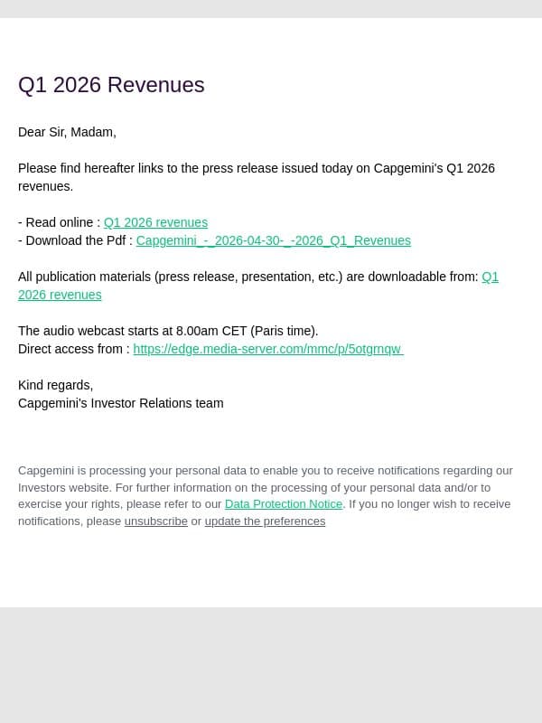 Capgemini SE : Q1 2026 Revenues email from Altran screenshot