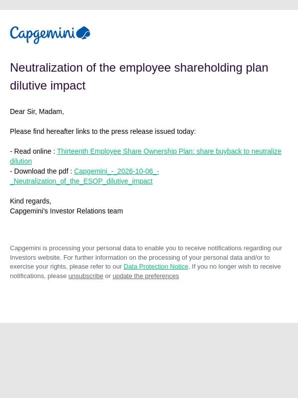 Capgemini SE : neutralization of the employee shareholding plan dilutive impact email from Altran screenshot
