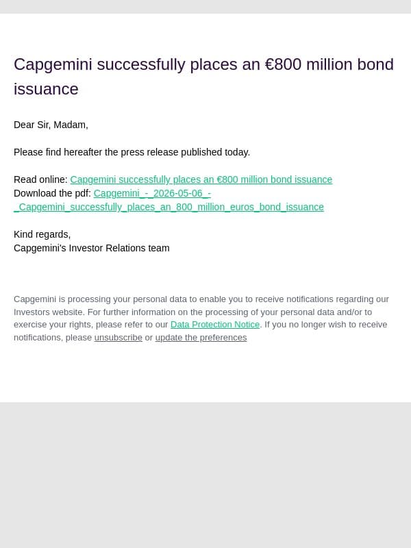 Capgemini SE: Capgemini successfully places an €800 million bond issuance email from Altran screenshot