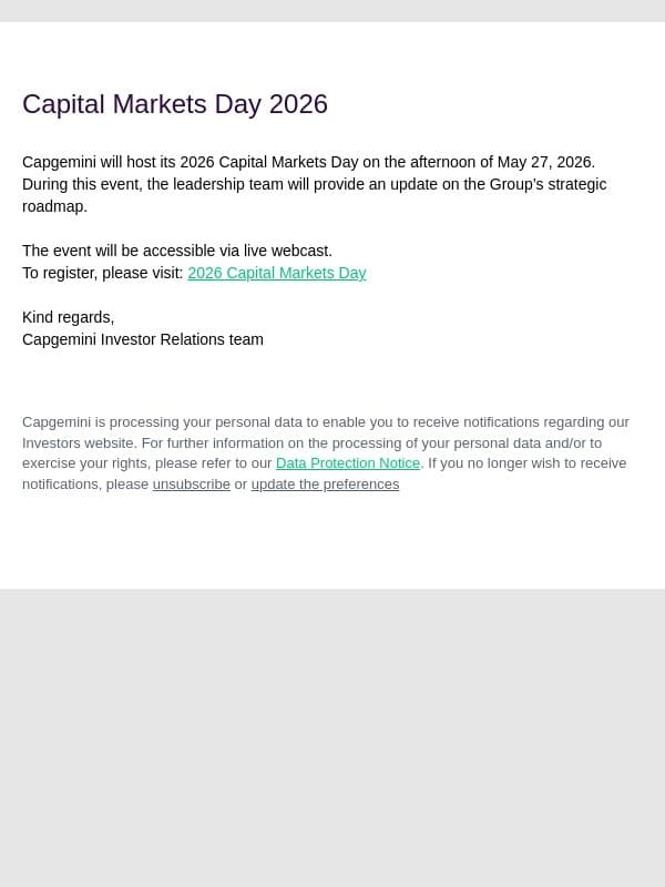 Capgemini SE: Capital Markets Day 2026 | May 27 : Join the webcast email from Altran screenshot