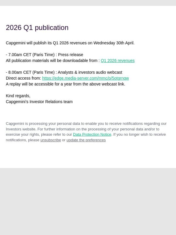 Capgemini SE : Q1 2026 publication on Wednesday, April 30th email from Altran screenshot