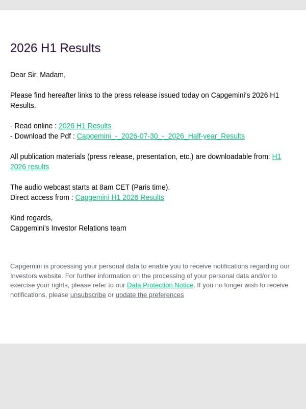 Capgemini SE : 2026 H1 Results email from Altran screenshot