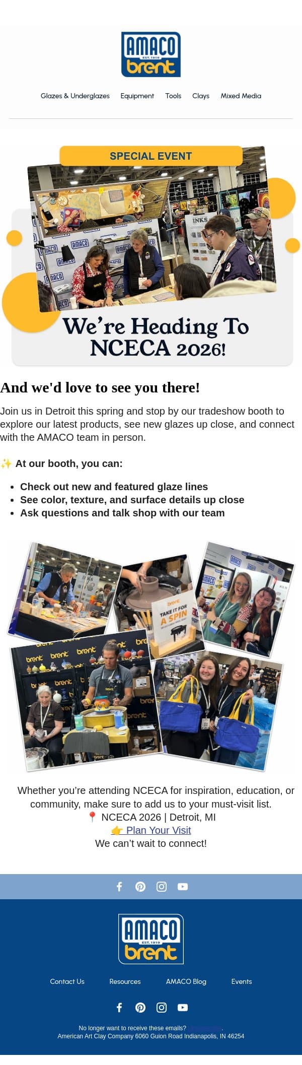 Visit Us at NCECA 2026 in Detroit email from AMACO screenshot