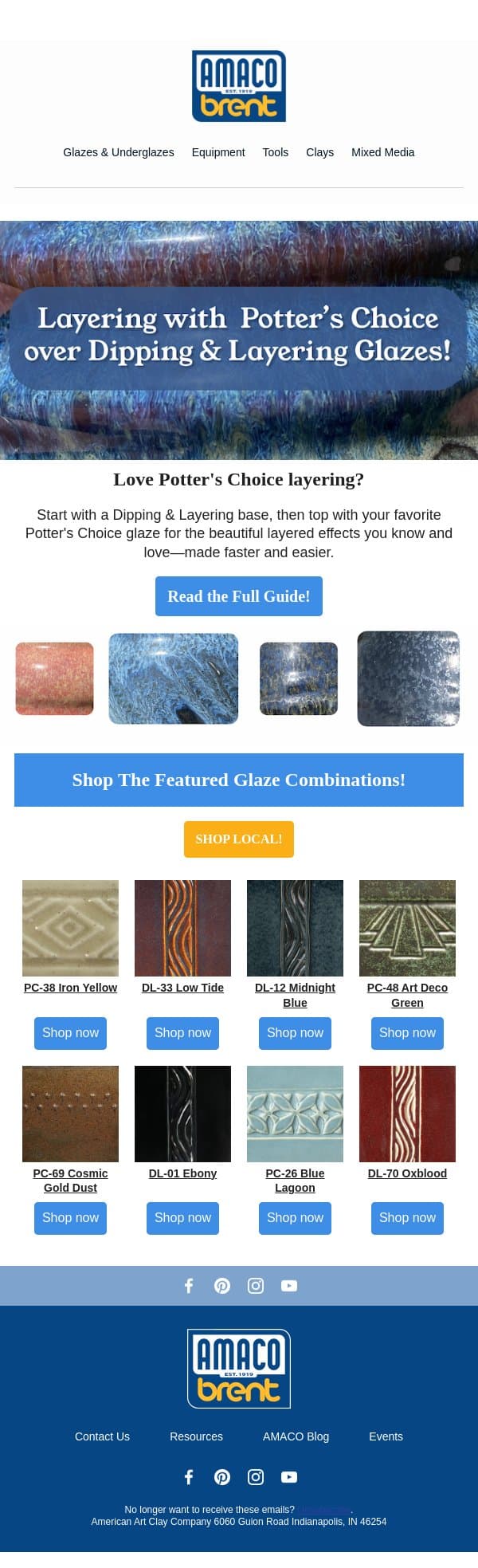Layering with Potter’s Choice over Dipping & Layering Glazes! email from AMACO screenshot