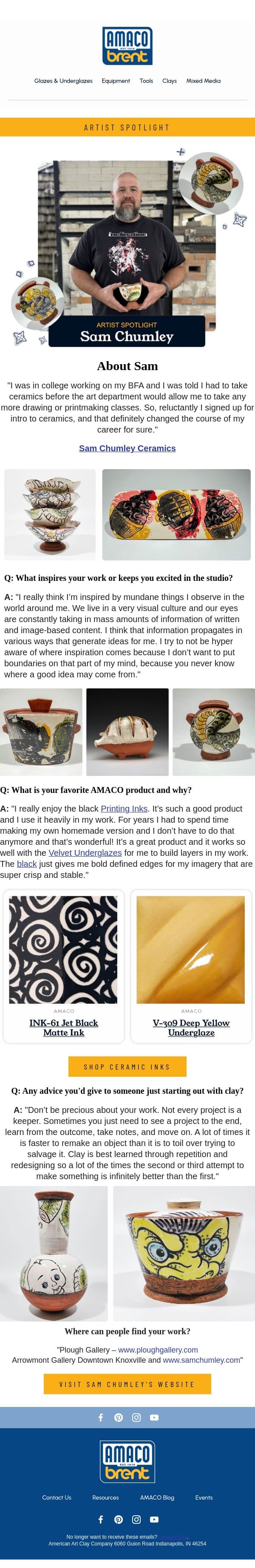 Artist Spotlight: Sam Chumley email from AMACO screenshot