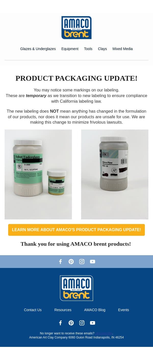 AMACO Brent Product Updates: Product Packaging email from AMACO screenshot