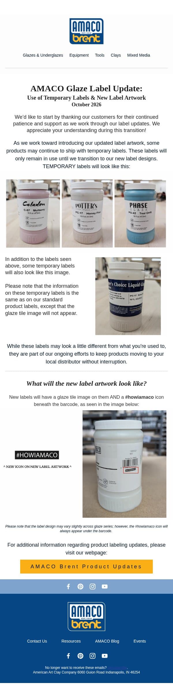AMACO Glaze Label Update email from AMACO screenshot