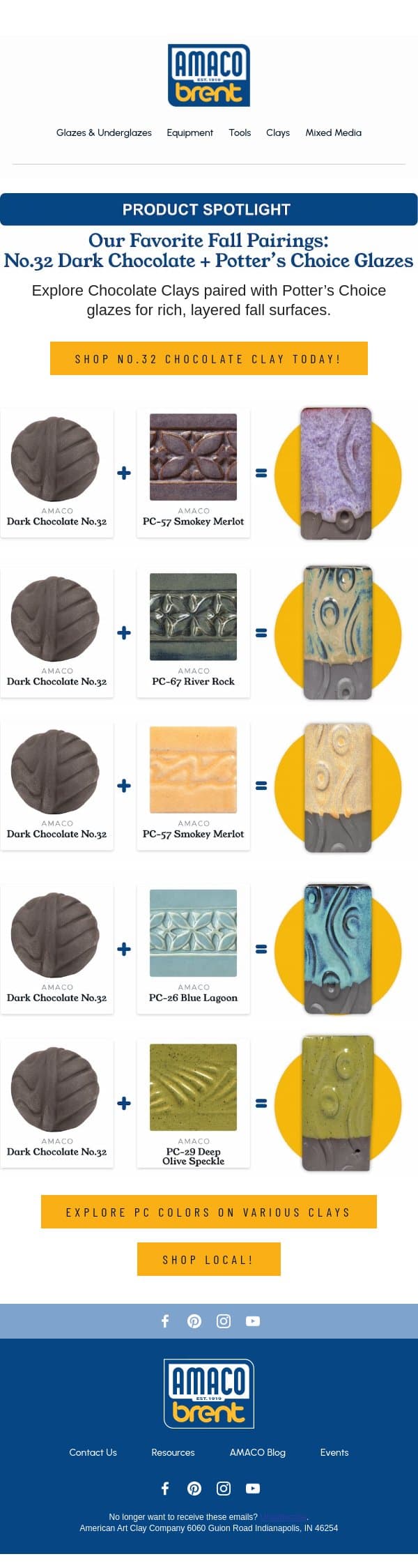 Our favorite fall pairings: Chocolate Clay + Potter’s Choice email from AMACO screenshot