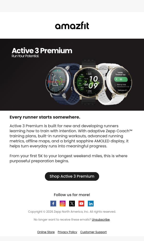 Meet Active 3 Premium email from Amazfit screenshot