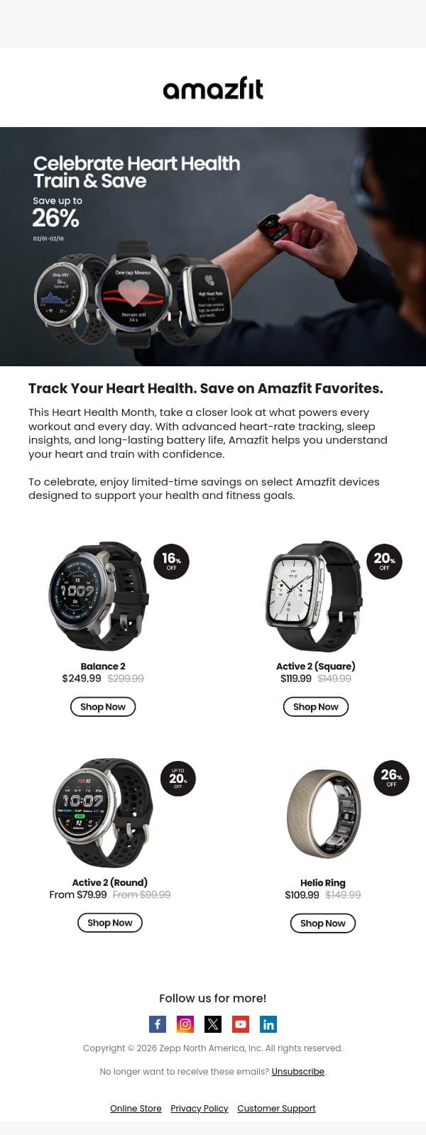 Save Up to 26% — Put Your Heart First email from Amazfit screenshot