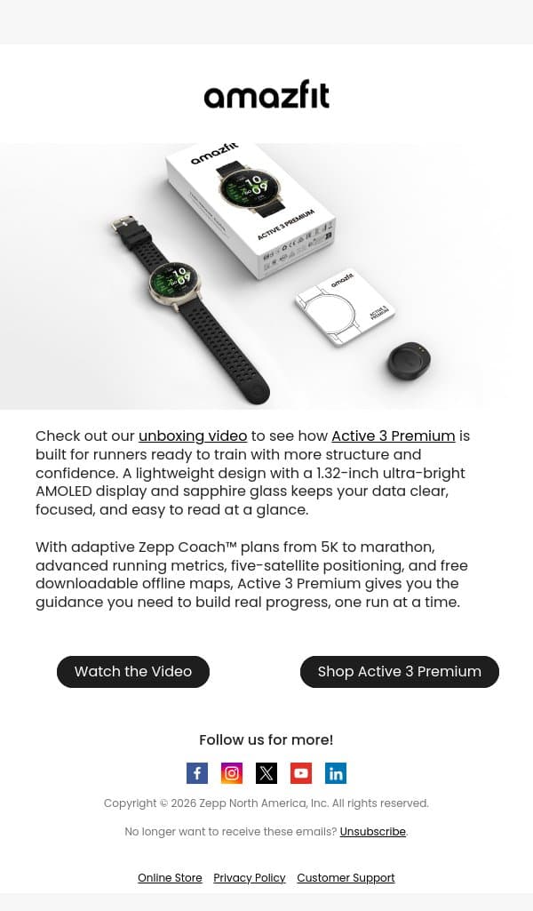 Unbox Active 3 Premium. Run Your Potential. email from Amazfit screenshot