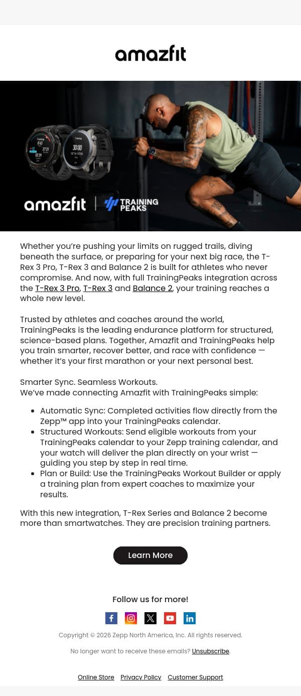Train Without Limits. Now With TrainingPeaks. email from Amazfit screenshot