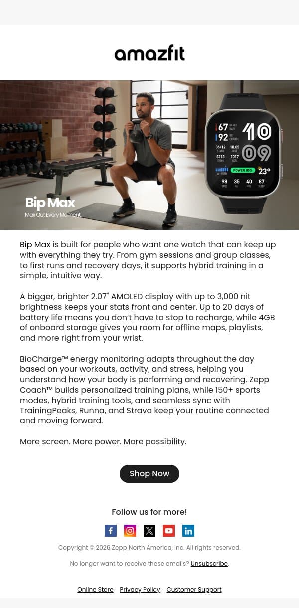 New Bip Max: Built for Everything email from Amazfit screenshot