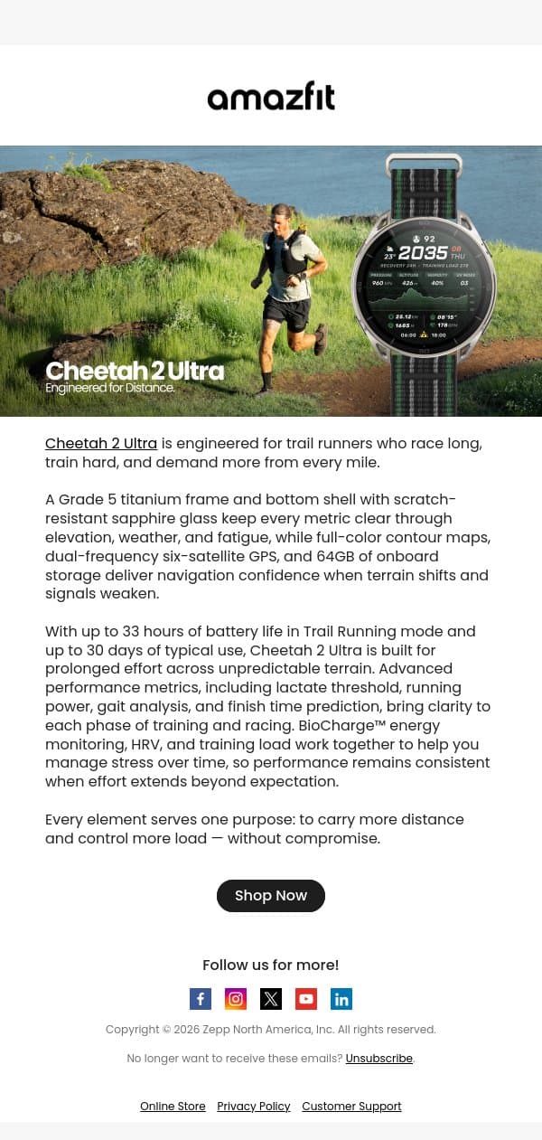 New Cheetah 2 Ultra: Engineered for Distance email from Amazfit screenshot