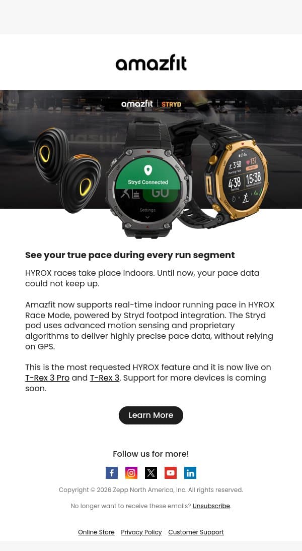 Real Indoor Pace for HYROX Is Here email from Amazfit screenshot