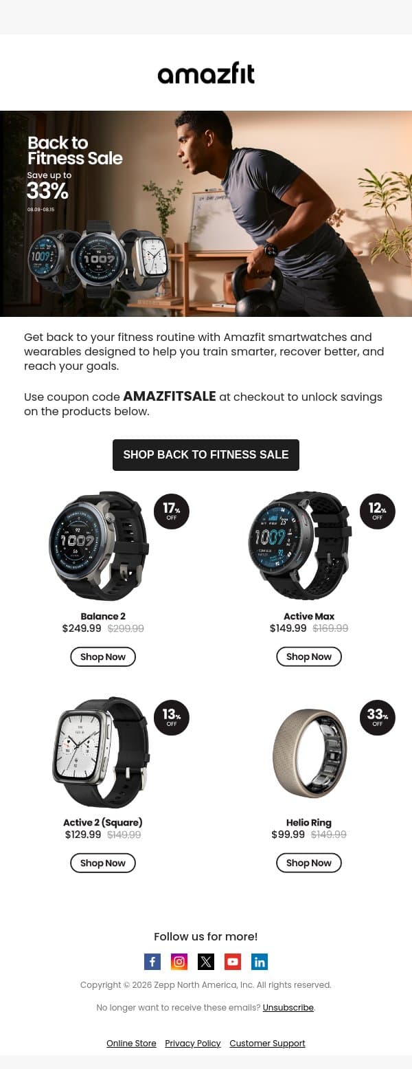 Save Up to 33% | Back to Fitness Deals Are Here email from Amazfit screenshot