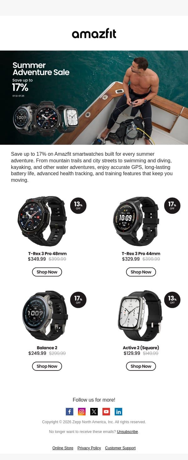 Summer Adventure Sale Starts Now – Save Up to 17% email from Amazfit screenshot