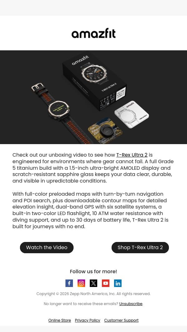 Unbox T-Rex Ultra 2. Built for the Unpredictable. email from Amazfit screenshot