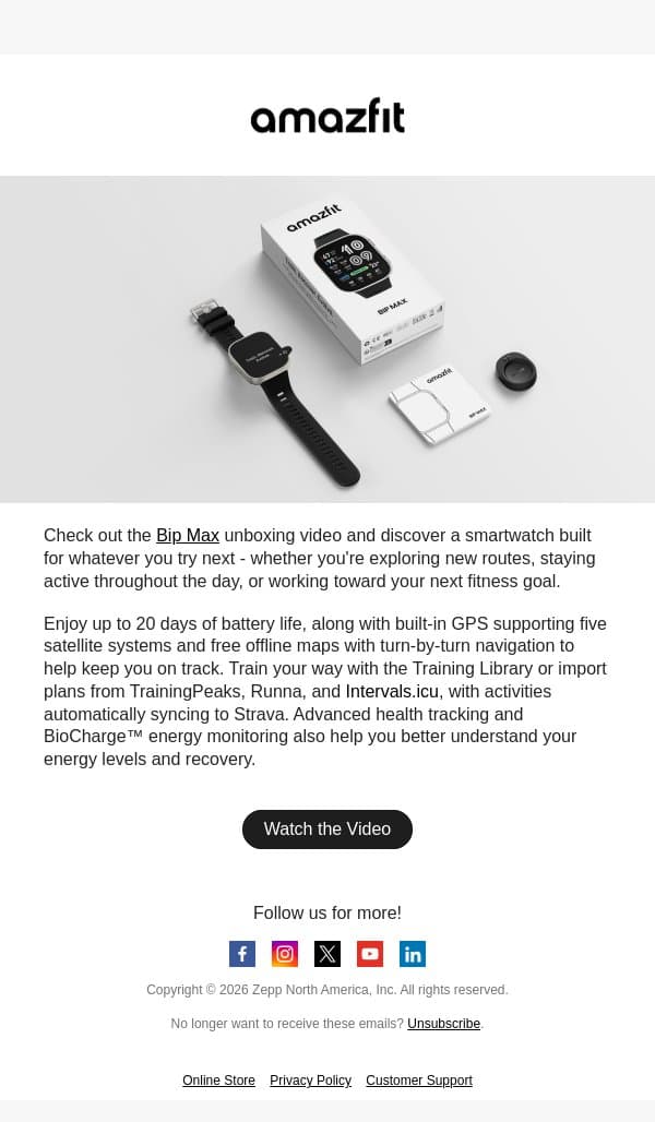 Unbox Bip Max: Built for Whatever You Try Next email from Amazfit screenshot