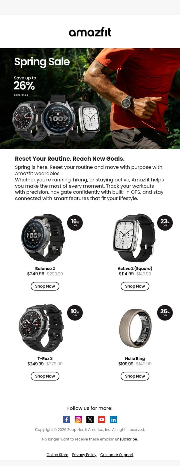 Save up to 26% — Step Into Spring with Amazfit email from Amazfit screenshot