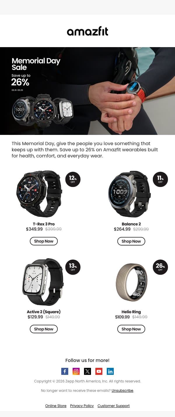 Save up to 26% on Amazfit Wearables This Memorial Day email from Amazfit screenshot