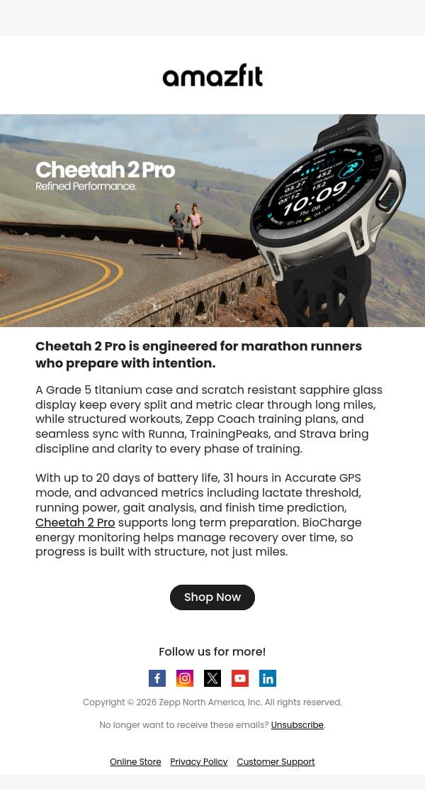 New Cheetah 2 Pro: Refined Performance email from Amazfit screenshot