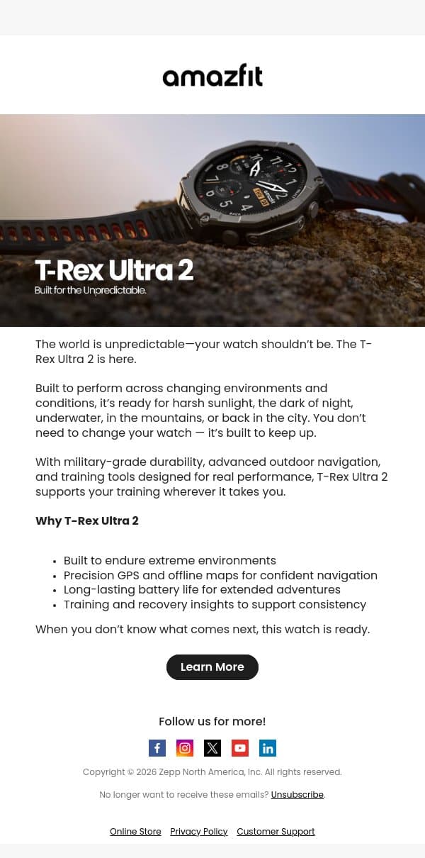Discover T-Rex Ultra 2 email from Amazfit screenshot