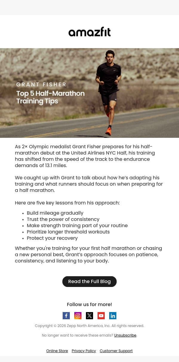 Top 5 Half-Marathon Training Tips email from Amazfit screenshot
