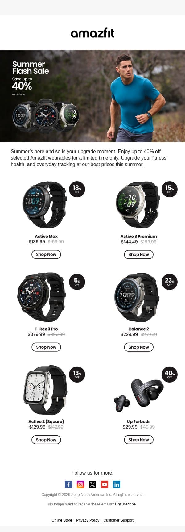 Summer Flash Sale: Save Up to 40% on Amazfit Wearables email from Amazfit screenshot