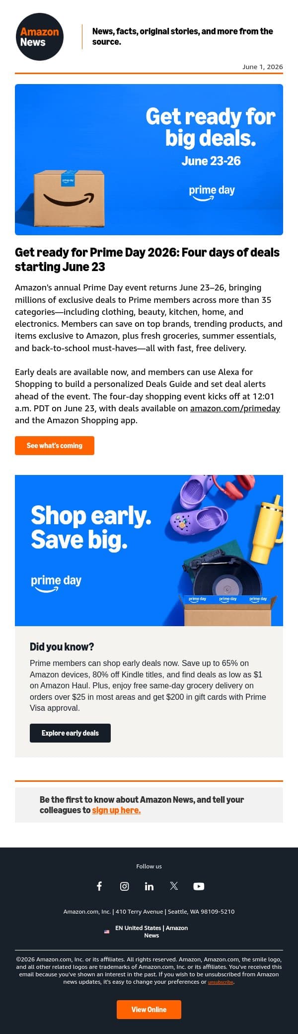 Prime Day 2026 dates just announced—don't miss early savings email from Amazon screenshot