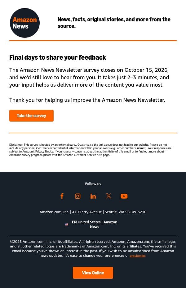 Our survey closes October 15 email from Amazon screenshot
